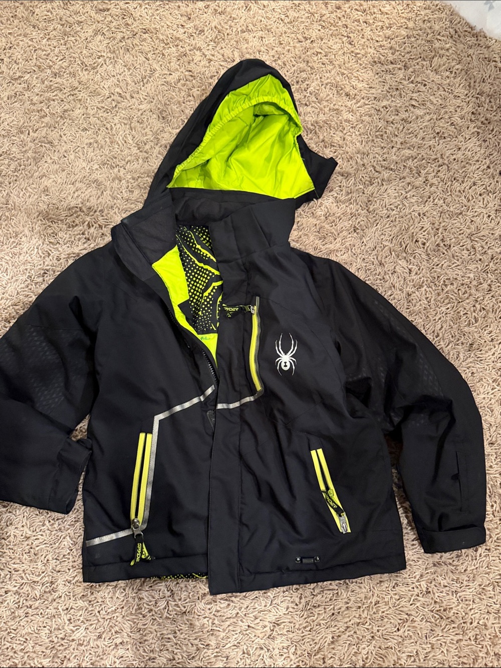 Kids Black Jacket with Neon Lime Lining and Hood
